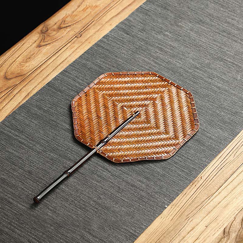 Buddhist Blessing Chinese Style Handmade Bamboo Woven Round Oval Banana Shape Long Handle Fan