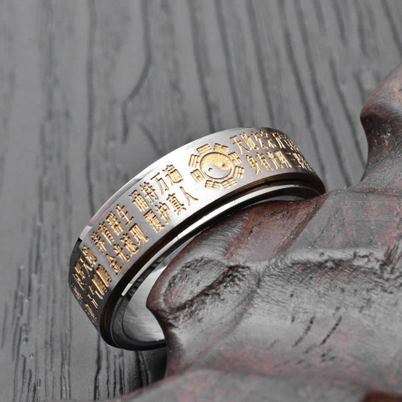 Buddhist Blessing Bagua Yin Yang Chinese Characters Titanium Steel Balance Rotatable Ring