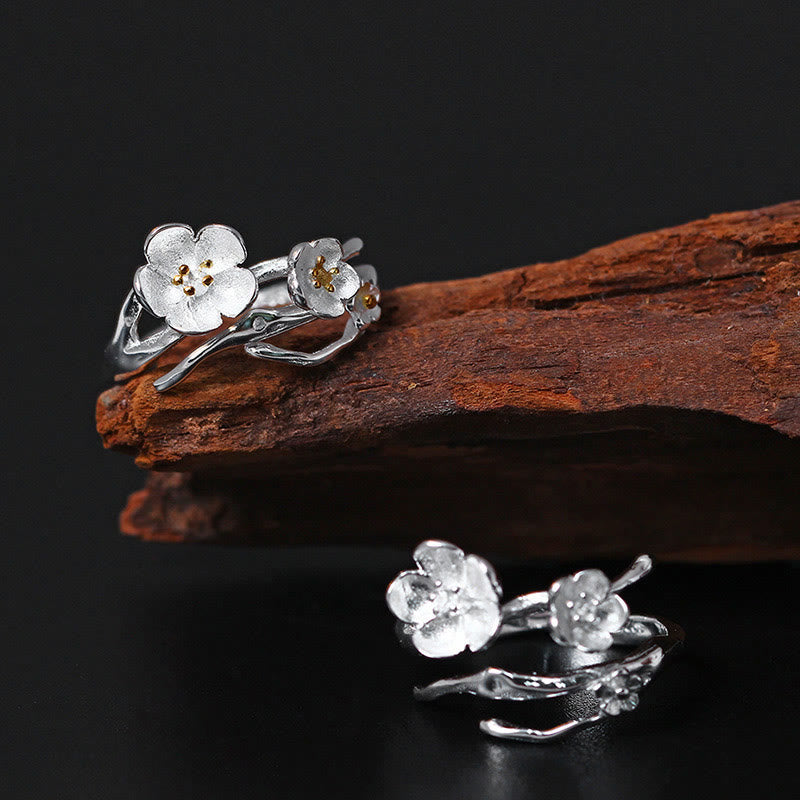 Buddhist Blessing 925 Sterling Silver Plum Bossom Balance Ring