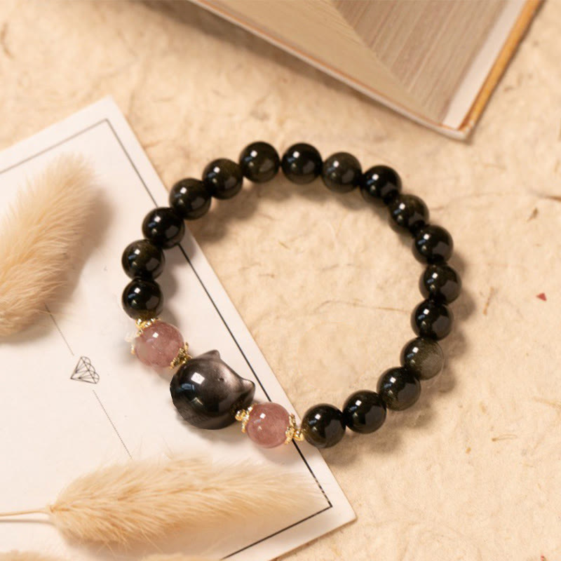 Buddhist Blessing Black Obsidian Strawberry Quartz Beads Silver Sheen Obsidian Cat Head Strength Bracelet
