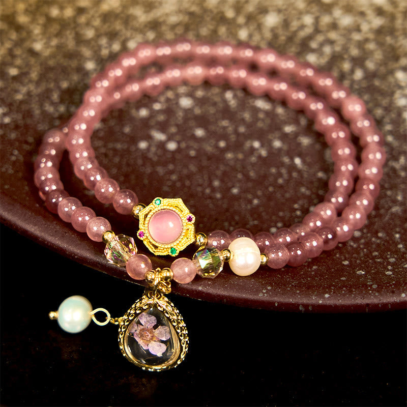 Buddhist Blessing Natural Strawberry Quartz Pearl Butterfly Water Drop Positive Double Wrap Bracelet
