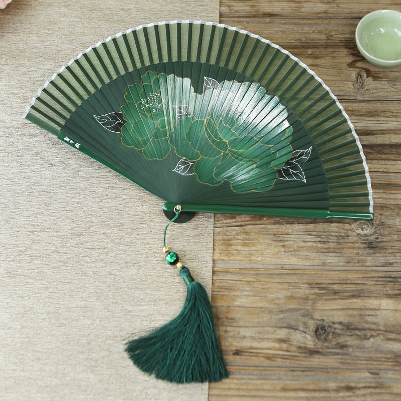 Buddhist Blessing Peony Flowers Silk Handheld Bamboo Folding Fan