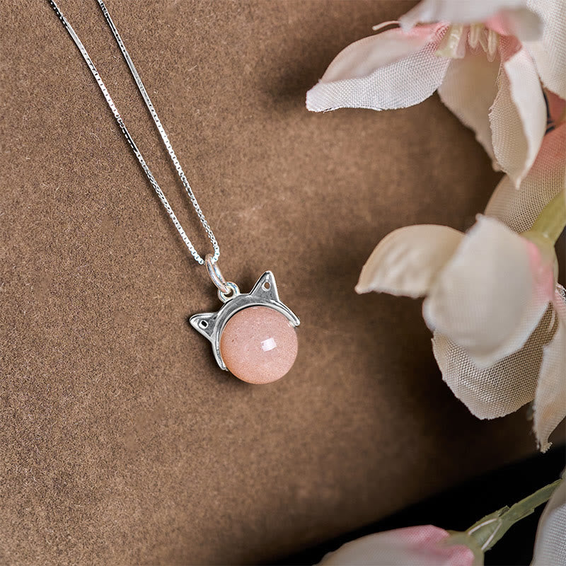 Buddhist Blessing 925 Sterling Silver Natural Orange Moonstone Cat Healing Necklace Pendant