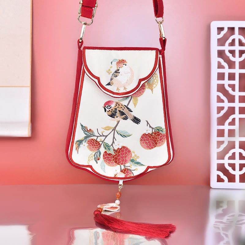 Buddhist Blessing Magpie Lychee Embroidery Tassel Shoulder Bag Crossbody Bag