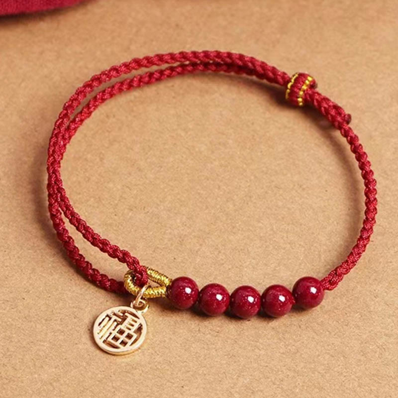Buddhist Blessing Cinnabar Fu Character Beads Blessing Red String Handmade Braided Bracelet