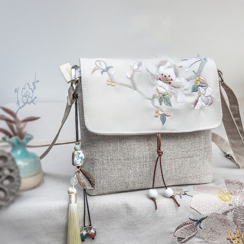 Buddhist Blessing Handmade Magnolia Embroidered Large Capacity Polyester Canvas Backpack