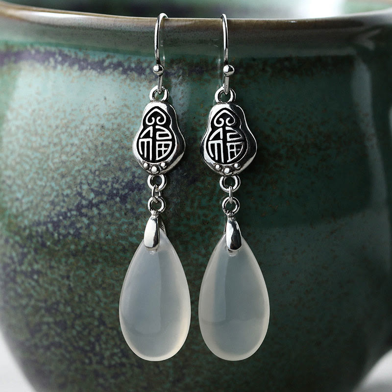 Buddhist Blessing 925 Sterling Silver Posts Natural Chalcedony Fu Character Positive Harmony Earrings