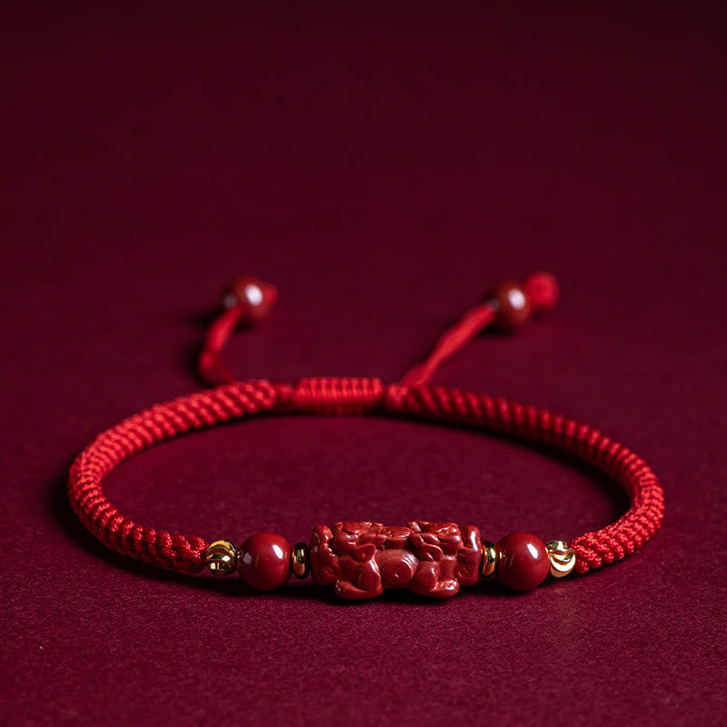 Buddhist Blessing Handmade Cinnabar Ruyi Handle Fu Character PiXiu Blessing Red String Braided Bracelet