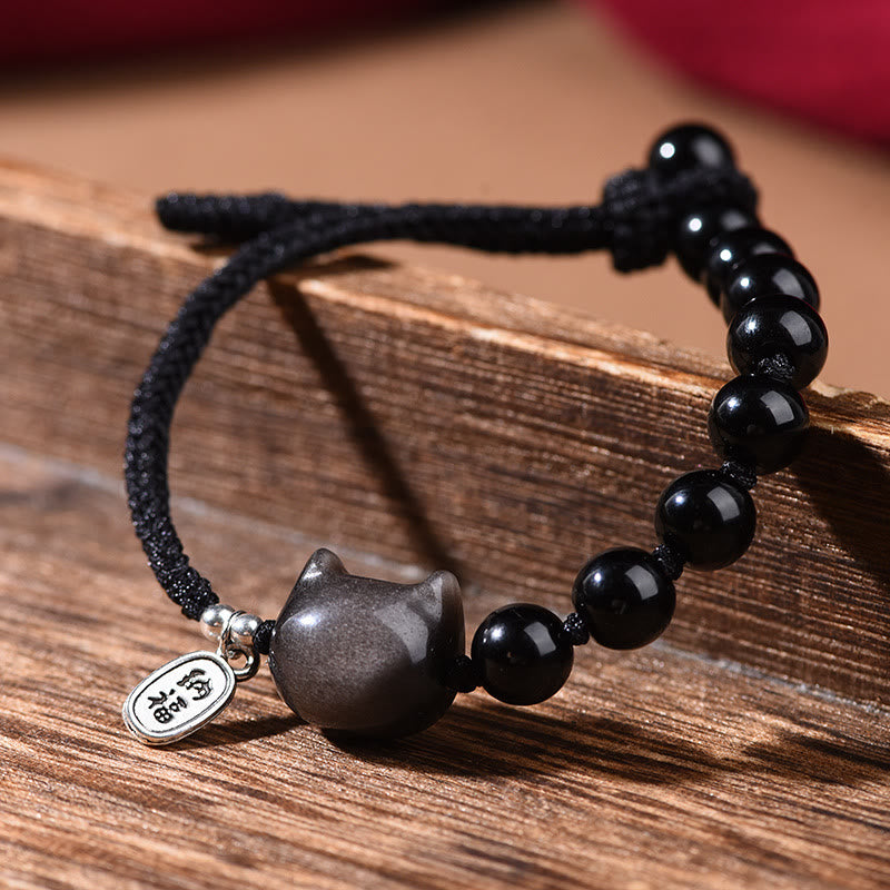 Buddhist Blessing Black Obsidian Silver Sheen Obsidian Cute Cat Dancing Lion Strength Bracelet