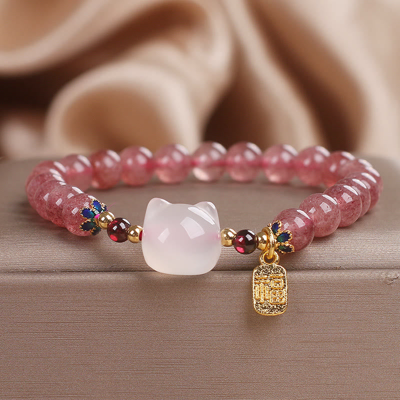 Buddhist Blessing Strawberry Quartz White Jade Cat Fu Character Healing Bracelet