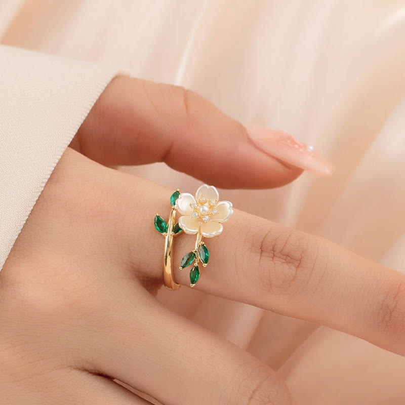 Buddhist Blessing Pearl Flower Zircon Leaves Happiness Wealth Adjustable Ring