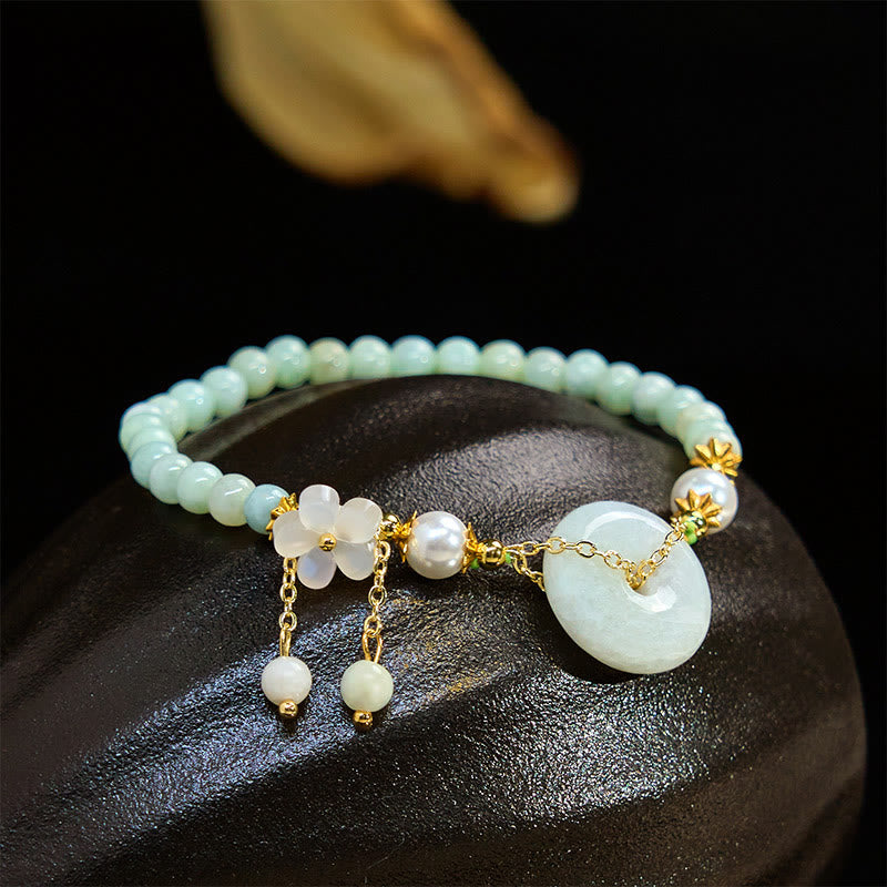 Buddhist Blessing Jade Peace Buckle Beads Flower Prosperity Bracelet