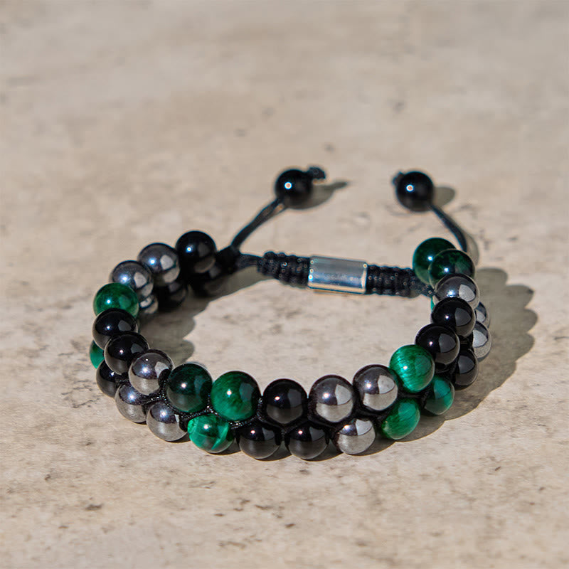 Buddhist Blessing Natural Green Tiger Eye Black Magnetite Black Obsidian Double Row Beads Positive Bracelet