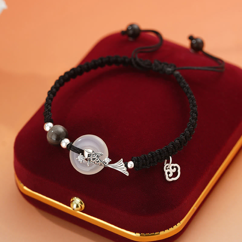 Buddhist Blessing Handmade Chalcedony Peace Buckle Koi Fish 925 Sterling Silver Braided String Positive Couple's Bracelet