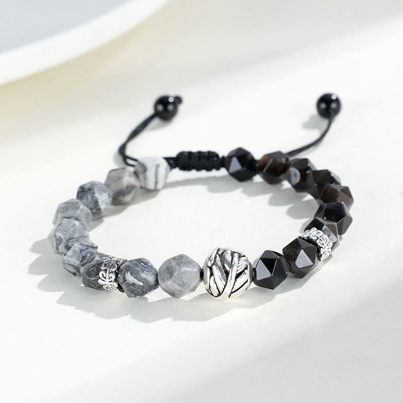 Buddhist Blessing Natural Irregular Cut Obsidian Grey Jasper 925 Sterling Silver Rolled Leaf Bead Protection Bracelet