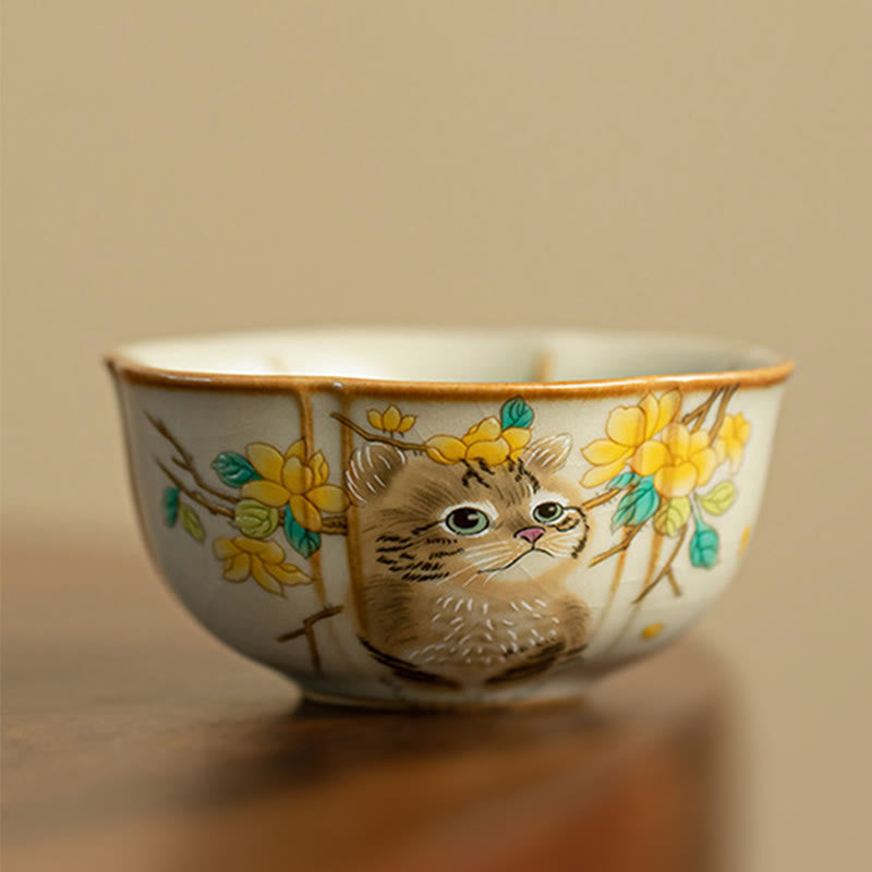 Buddhist Blessing Cute Cat Yellow Flowers Rabbit Teacup Kung Fu Tea Cup