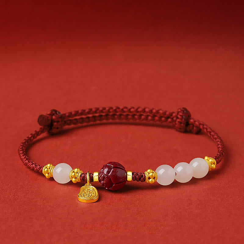 Buddhist Blessing Fu Character Jade Cinnabar 24K Gold Plated Luck Red String Bracelet