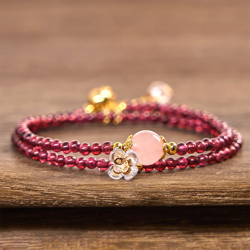 Buddhist Blessing Natural Flower Garnet Pink Crystal Calm Double Wrap Bracelet