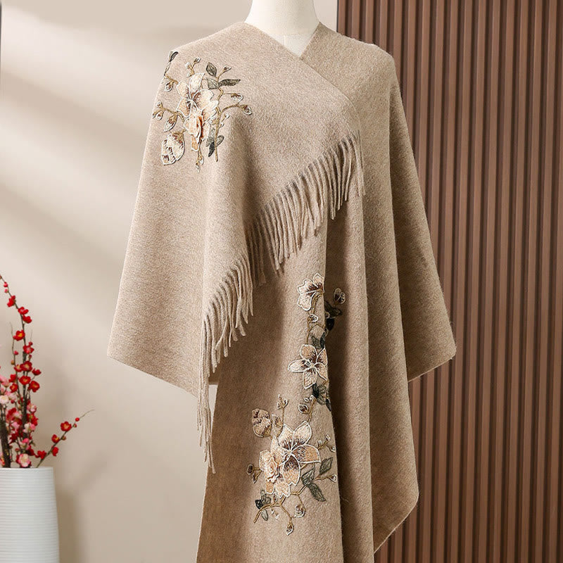 Buddhist Blessing Wool Shawl White Orange Flower Embroidery Tassel Winter Cozy Travel Scarf Wrap