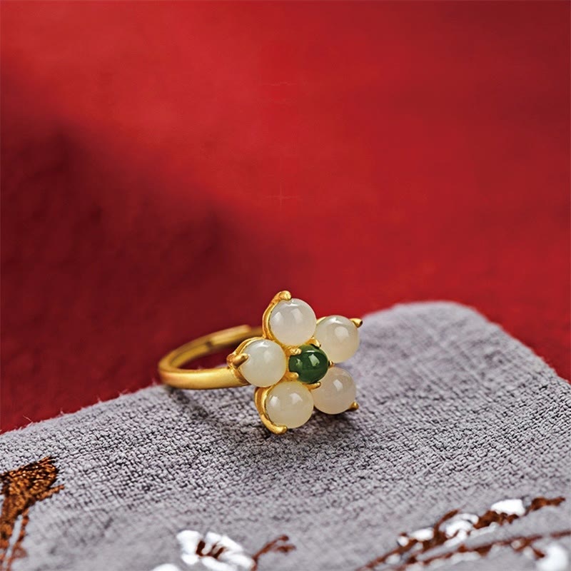Buddhist Blessing 925 Sterling Silver Natural Hetian Jade Peach Blossom Flower Luck Adjustable Ring