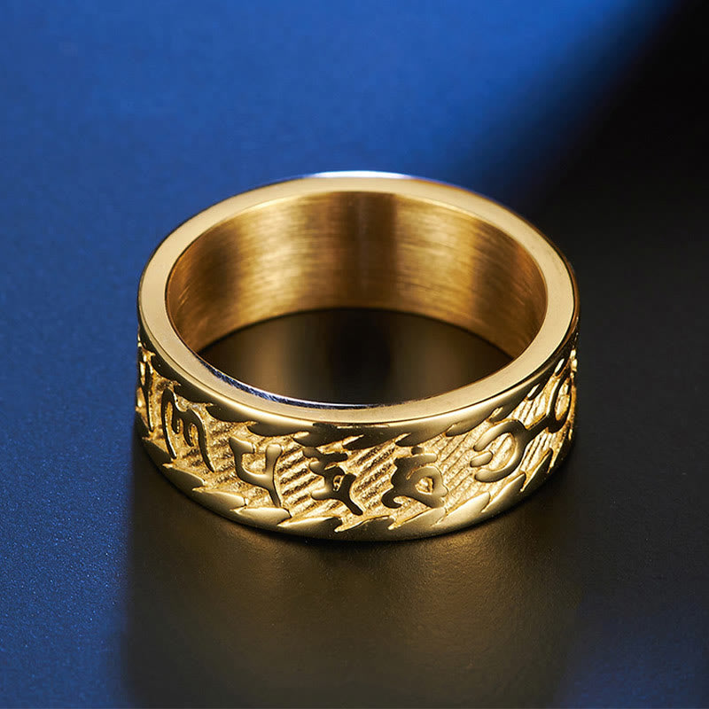 Buddhist Blessing Six True Words Om Mani Padme Hum Swastika Titanium Steel Peace Ring