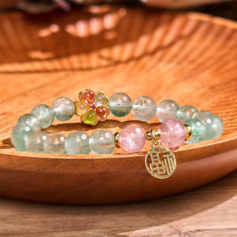 Buddhist Blessing Natural Green Strawberry Quartz Soothing Fu Character Bracelet