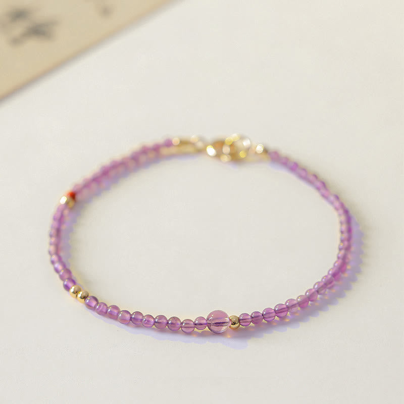 Buddhist Blessing 2mm Ultra-Thin Beads Natural Amethyst 14k Gold Plated Copper Inner Peace Meditation Bracelet