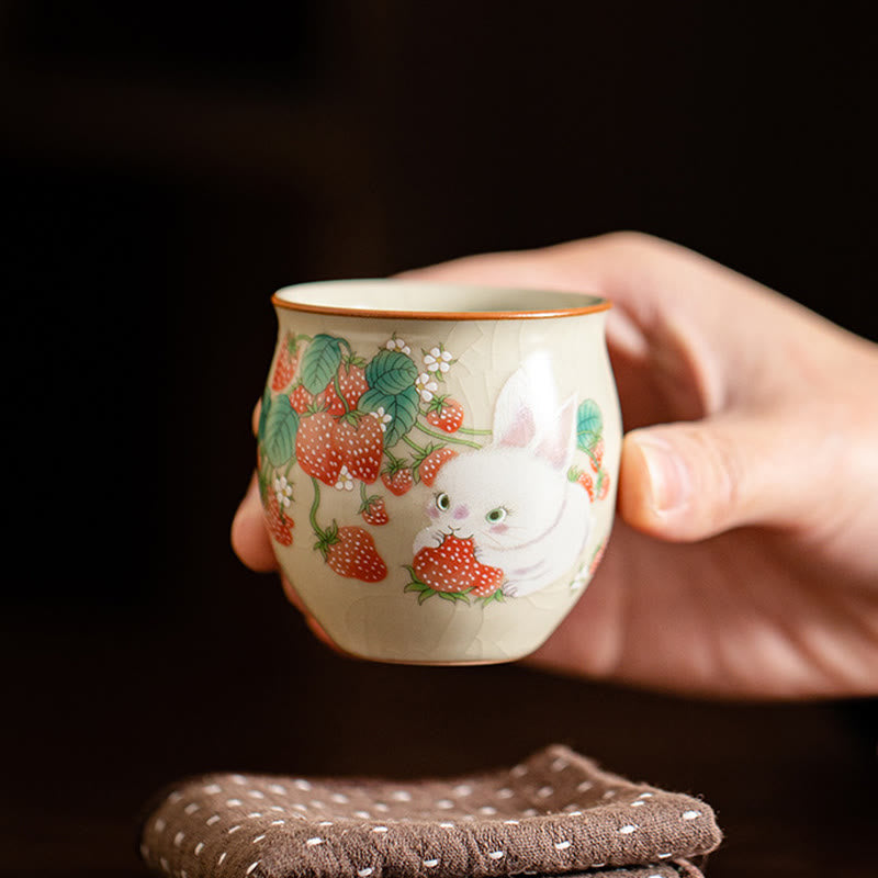 Buddhist Blessing Small Strawberry Rabbit Teacup Kung Fu Tea Cup 90ml With Gift Box
