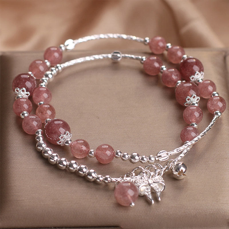 Buddhist Blessing Natural Strawberry Quartz Bow-knot Rosette Charm Healing Double Wrap Bracelet