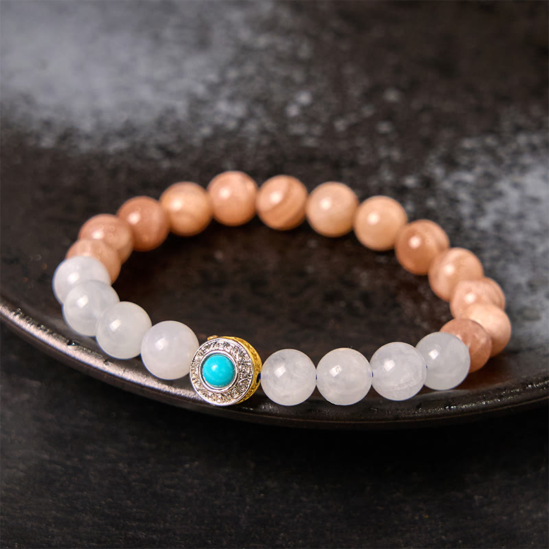 Buddhist Blessing Natural Peach Moonstone Aquamarine Soothing Bracelet