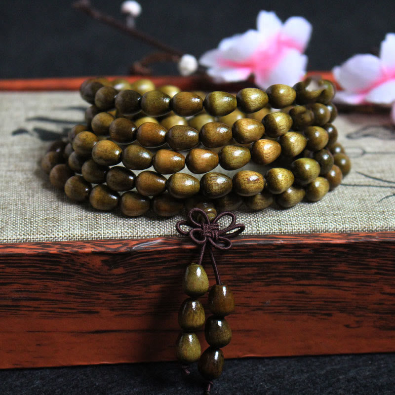 Buddhist Blessing 108 Mala Teardrop Beads Natural Phoebe Zhennan Wood Protection Bracelet