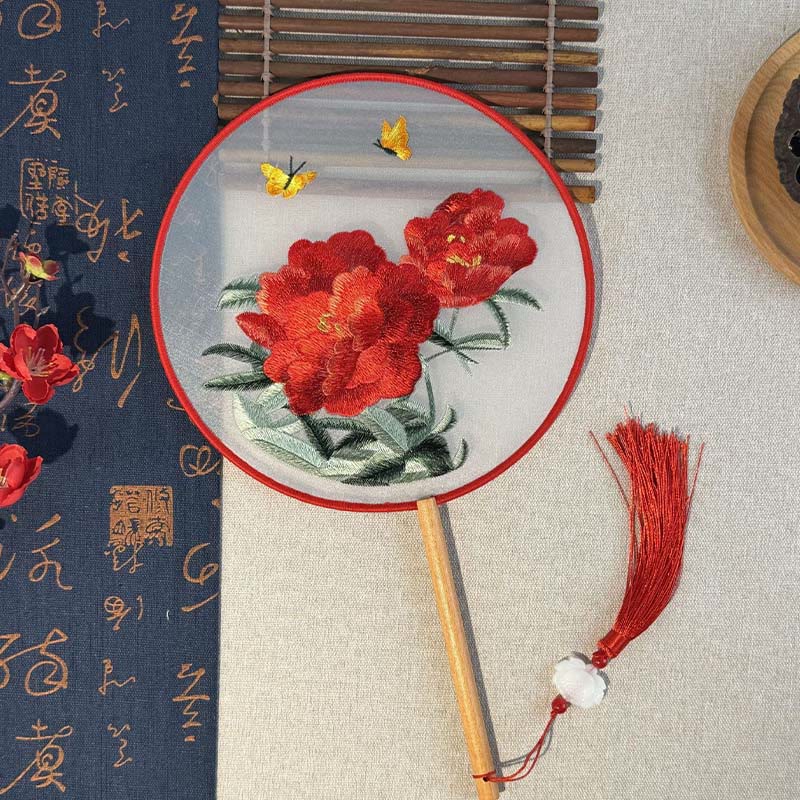 Buddhist Blessing Peony Flowers Butterfly Embroidered Handheld Wood Handle Fan