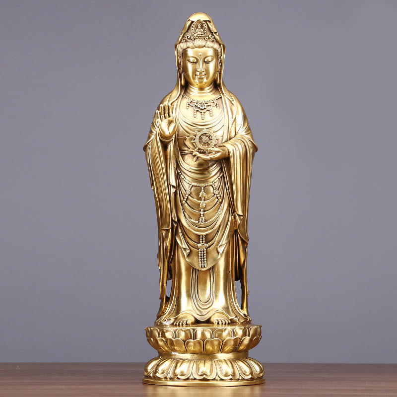 Buddhist Blessing Kwan Yin Avalokitesvara Holding The Dharma Wheel Wealth Brass Copper Statue Decoration