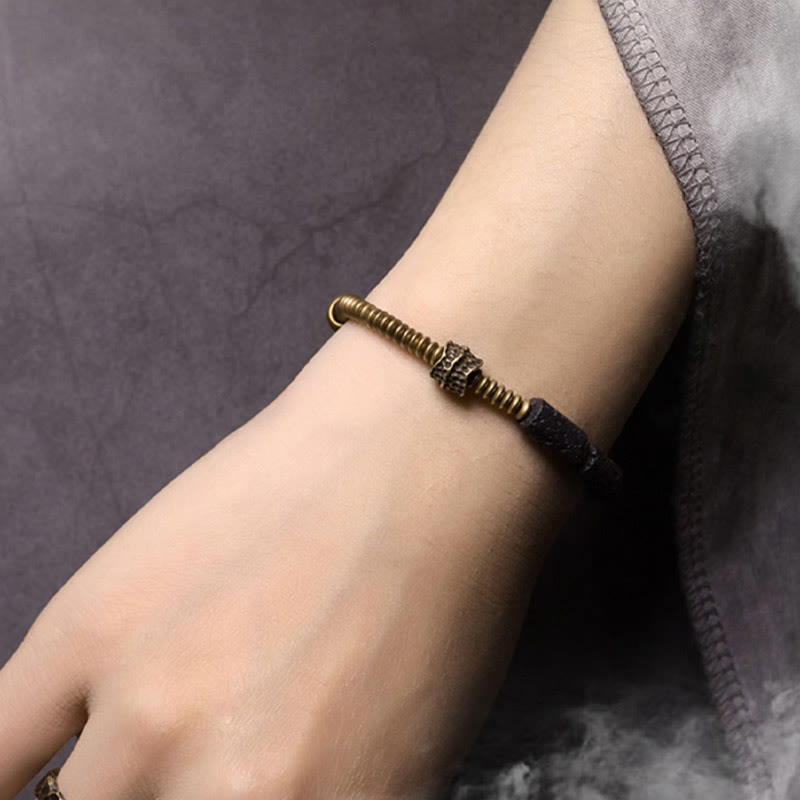 Buddhist Blessing Luck Wealth Black Lava Rock Beads Copper Bracelet