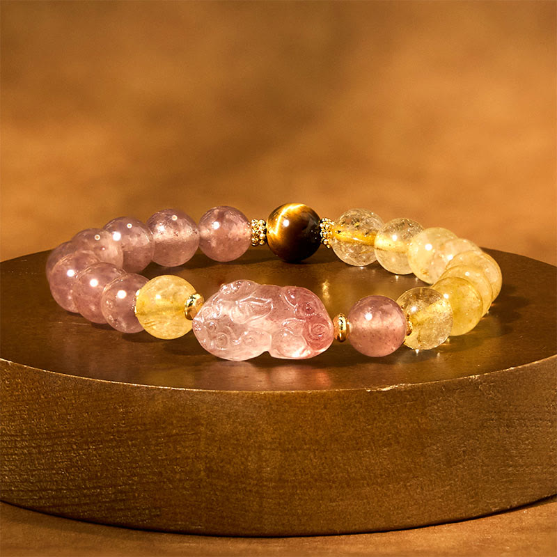 Buddhist Blessing Strawberry Quartz Pixiu Rutilated Quartz Beads Healing Bracelet