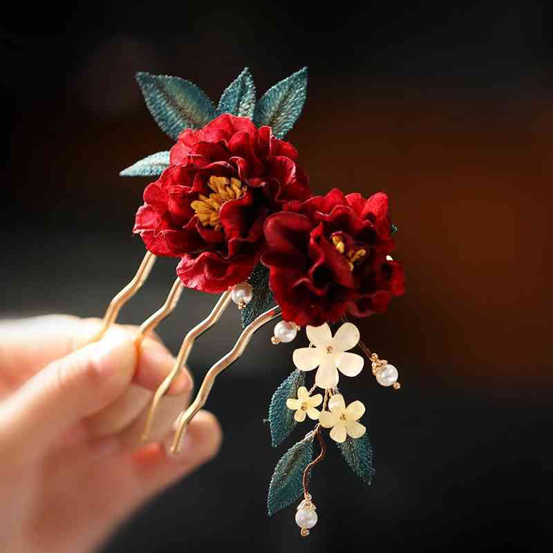 Buddhist Blessing Chinese Style Red Camellia Butterfly Hair Clip Hair Comb Hairpin Barrette Accessory