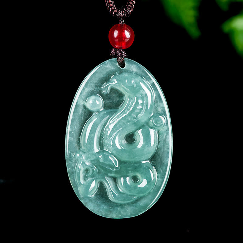 Buddhist Blessing Natural Jade Oval Year Of The Snake Luck Necklace Pendant