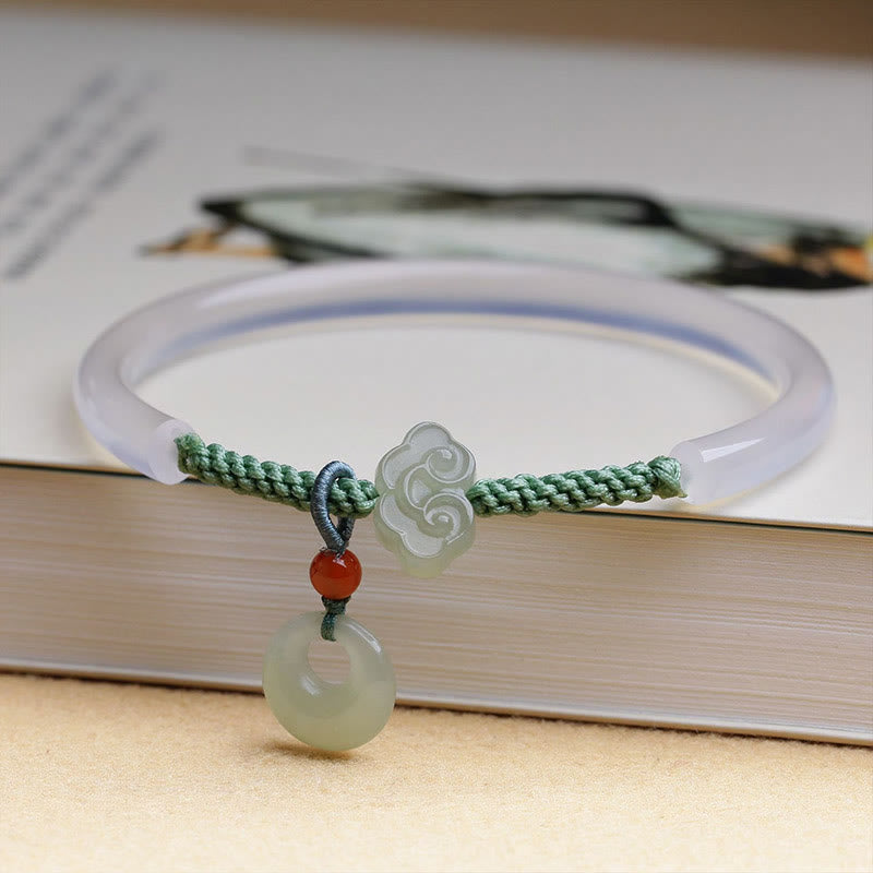 Buddhist Blessing Natural White Agate Hetian Jade Peace Buckle Auspicious Clouds Positive Bracelet Bangle