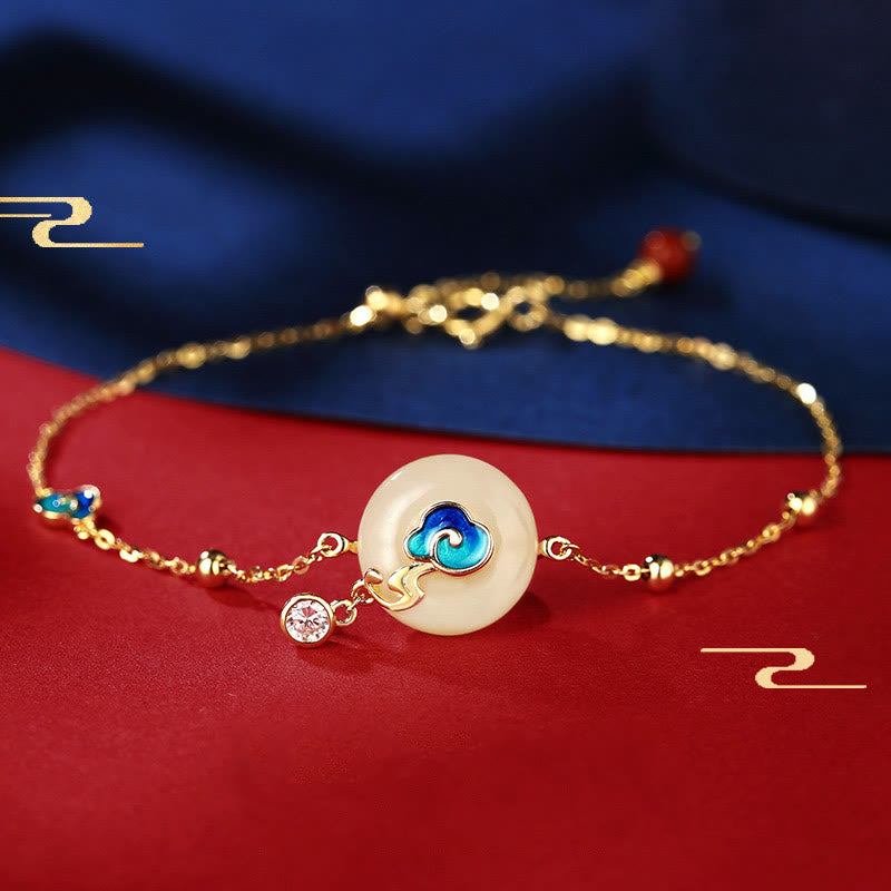 Buddhist Blessing 925 Sterling Silver Natural Hetian Jade Auspicious Clouds Abundance Bracelet