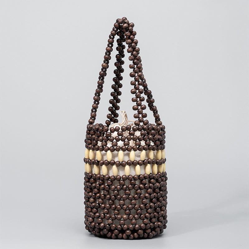 Buddhist Blessing Hand-woven Bucket Portable Wooden Beads Handbag