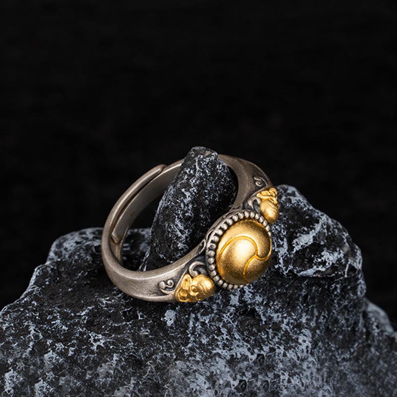 Buddhist Blessing 925 Sterling Silver Plated Gold Skeleton Balance Adjustable Ring