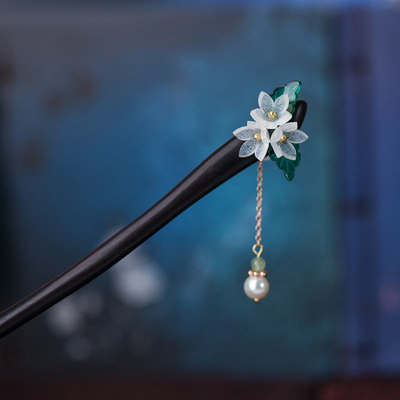 Buddhist Blessing Lily Of The Valley Pearl Tassel Wood Hairpin