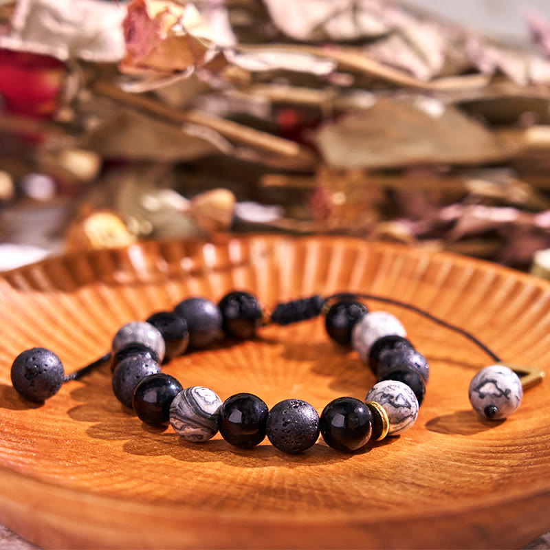 Buddhist Blessing Black Obsidian Lava Rock Stone Yin Yang Strength Bracelet