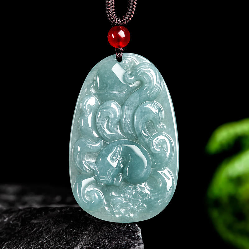 Buddhist Blessing Natural Green Jade Nine Tailed Fox Flowers Luck Necklace Pendant