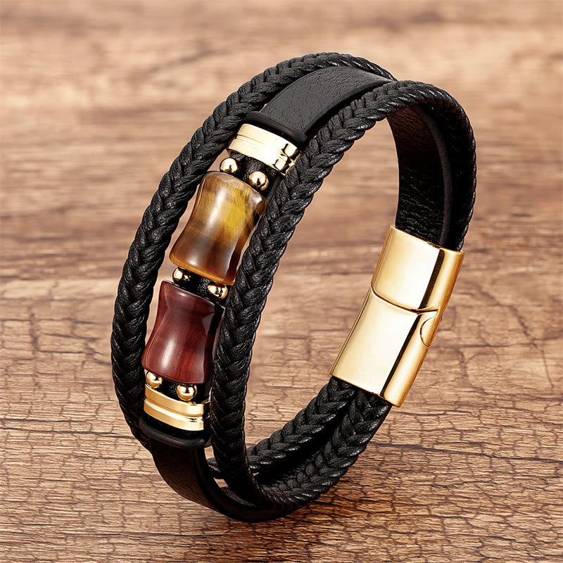 Buddhist Blessing Tiger Eye Bamboo Stone Integrity Courage Multi-layer Leather Bracelet