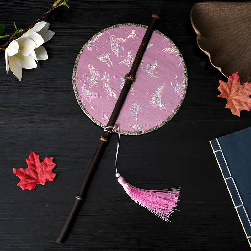 Buddhist Blessing Handmade Flowers Peach Loquat Bird Crane Butterfly Pattern Long Purple Bamboo Handle Portable Curlable Fan