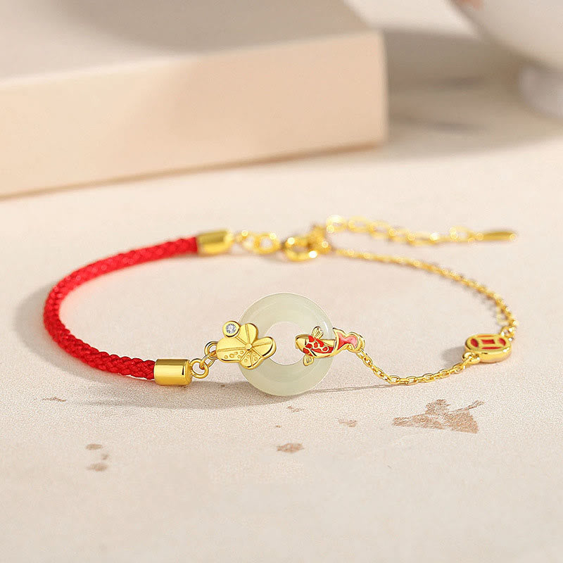 Buddhist Blessing Handmade 925 Sterling Silver Hetian Jade Chinese Goldfish Peace Buckle Red Rope Bracelet