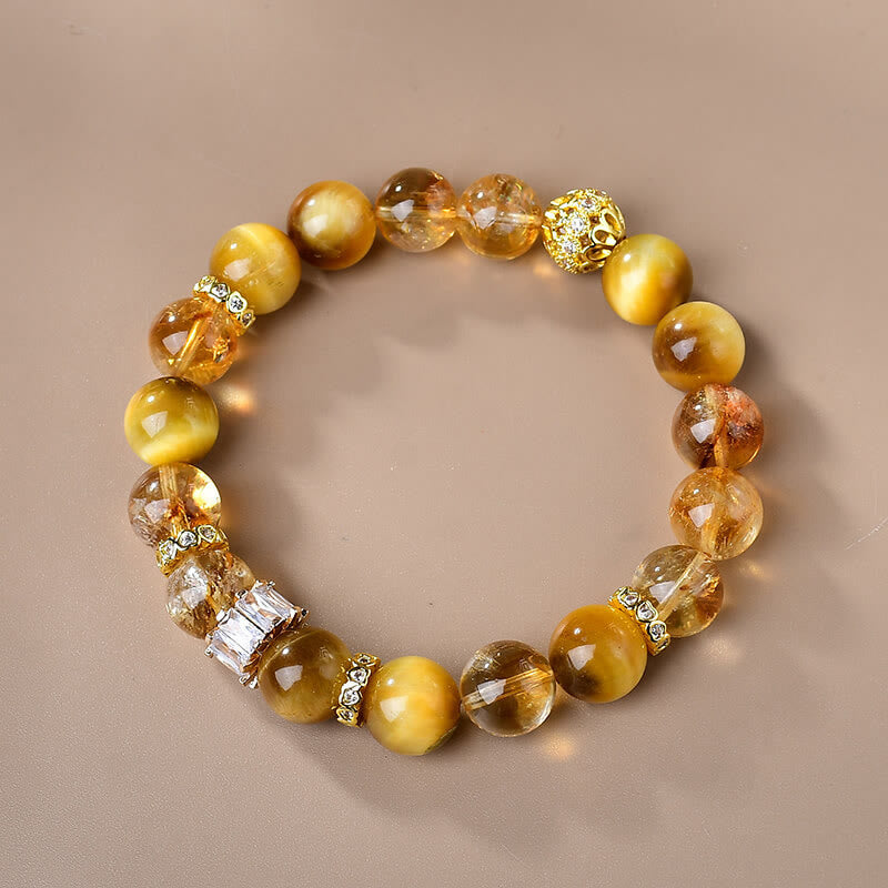 Buddhist Blessing Natural Tiger Eye Citrine Beads Strength Courage Bracelet