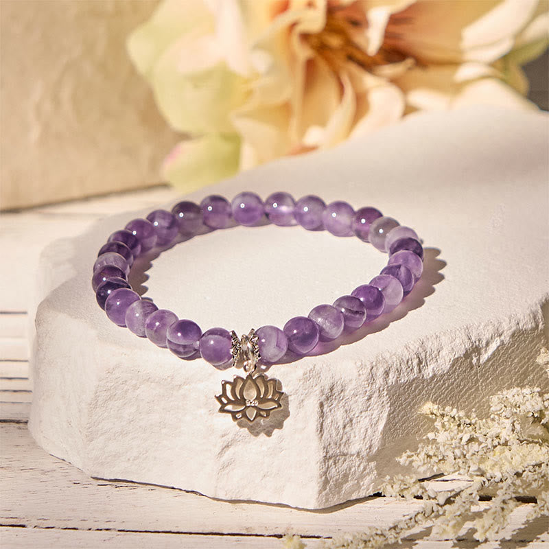 Buddhist Blessing 925 Sterling Silver Amethyst Lotus Design Natural Balance Bead Bracelet