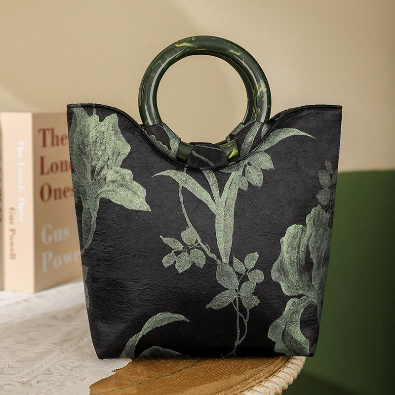 Buddhist Blessing Black Green Orchids Print Vintage Handbag